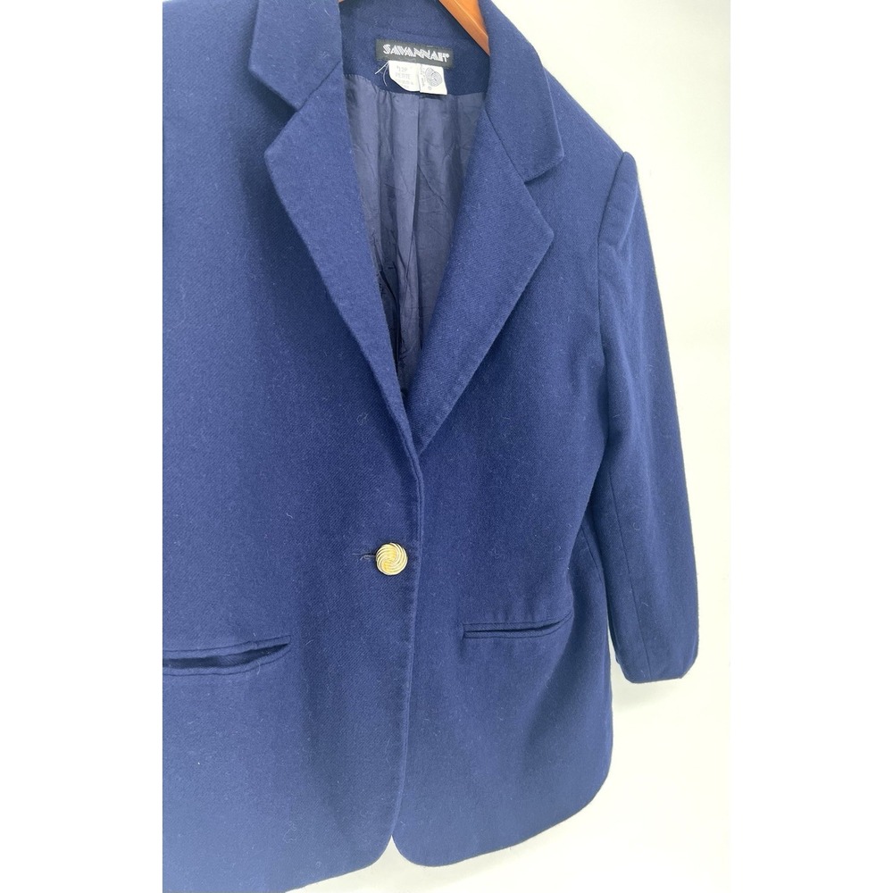 Vintage Women's Savannah Woold Blazer Dark Blue Wool One Gold Button Size 12P - Picture 3 of 8